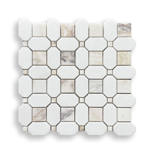 Pambula Viola Oro and Thassos Mix Marble Octagon Mosaic Tile — White, Marble, Stone