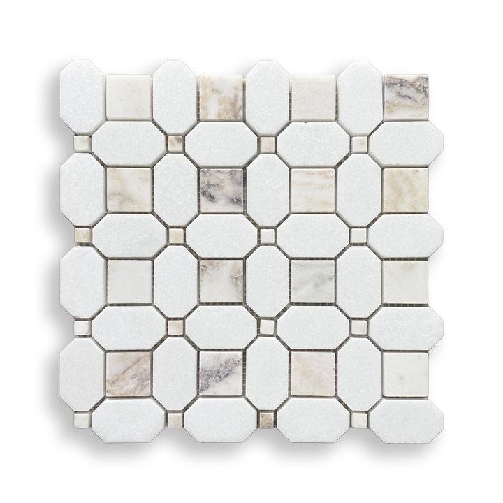 Pambula Viola Oro and Thassos Mix Marble Octagon Mosaic Tile — White, Marble, Stone