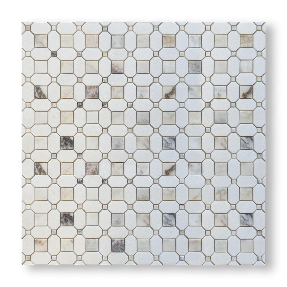 Pambula Viola Oro and Thassos Mix Marble Octagon Mosaic Tile — White, Marble, Stone