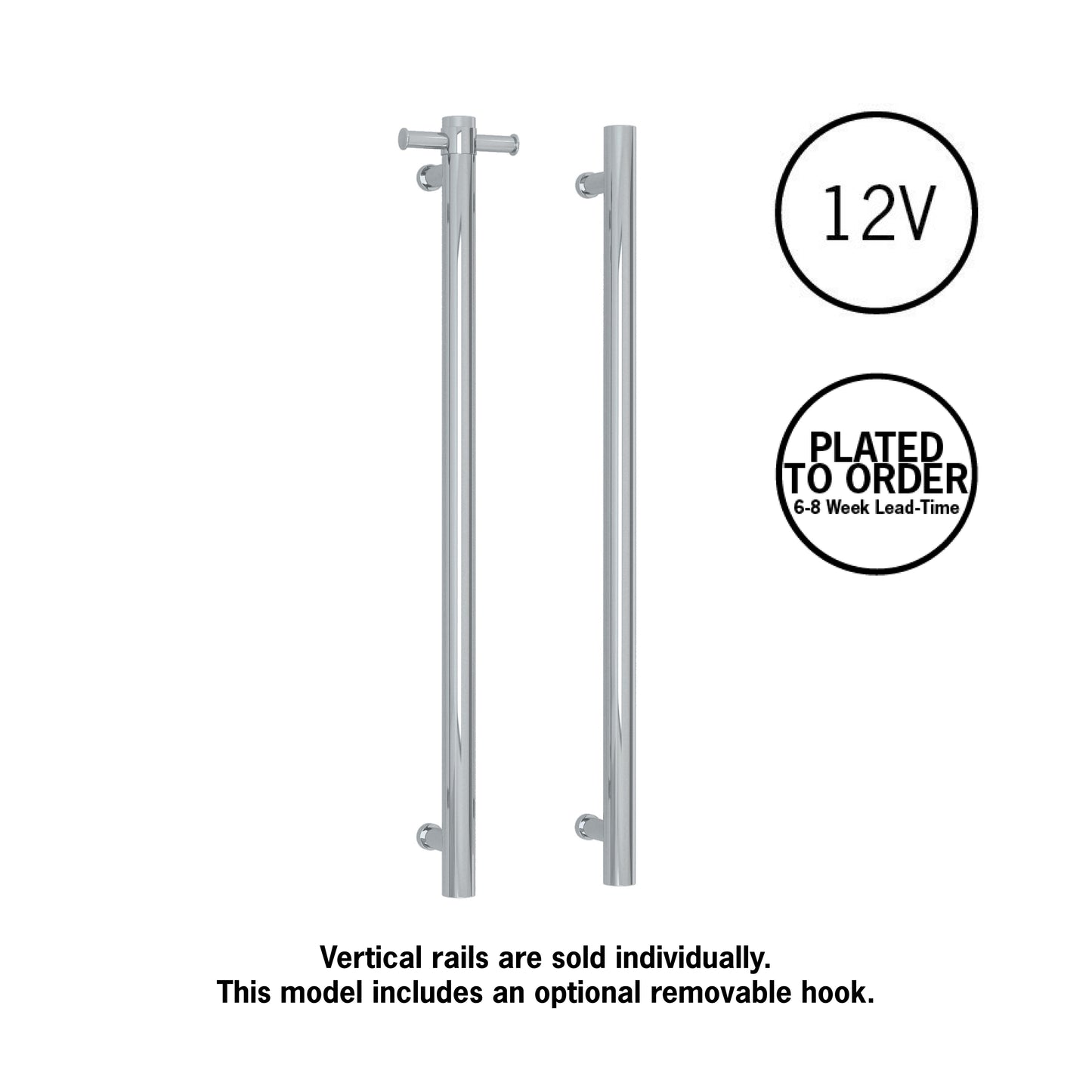 VS900HPL Straight Round 12V Vertical Single Polished Heated Towel Rail