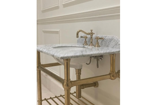 Mayer Basin Stand With 75 x 55 Real Carrara Marble Top - Brushed Brass