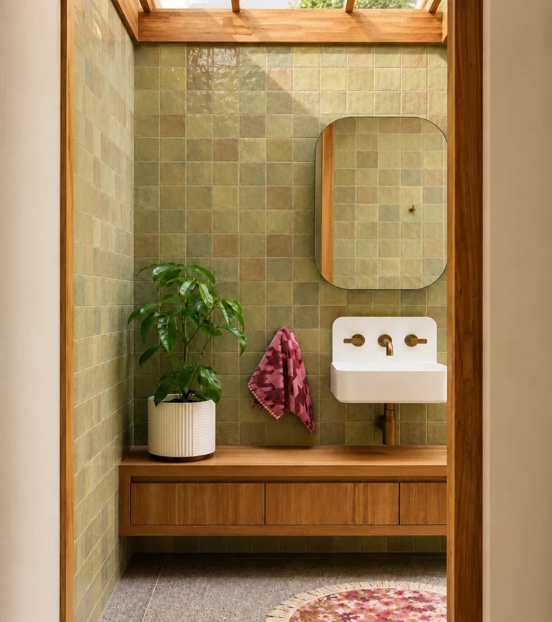 Green tiled bathroom with brass tapware and timber cabinetry