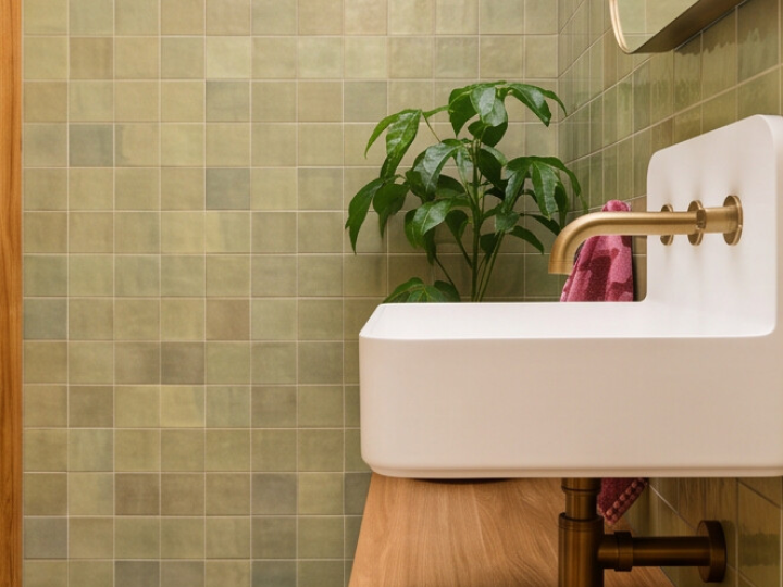 Green tiled bathroom with a white basin and warm bronze tapware