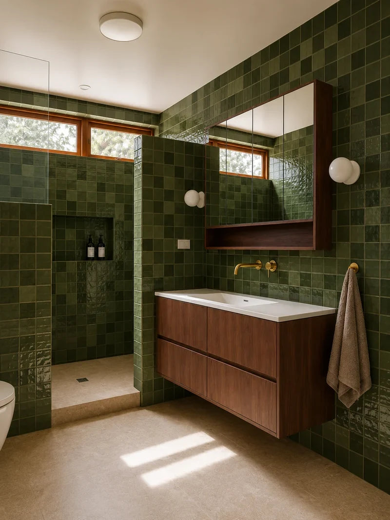 Green tiled bathroom with timber vanity and brass tapware