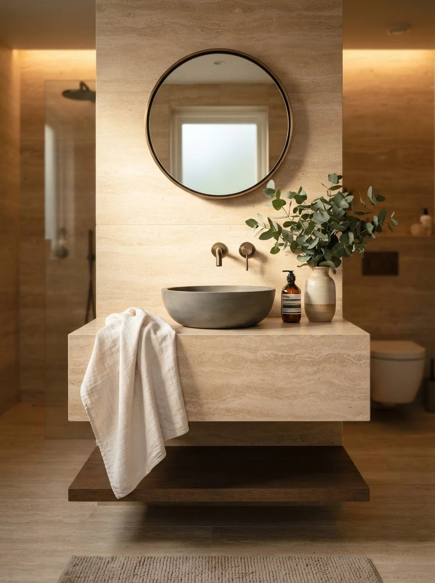 Natural stone bathroom vanity with a round mirror and vessel basin