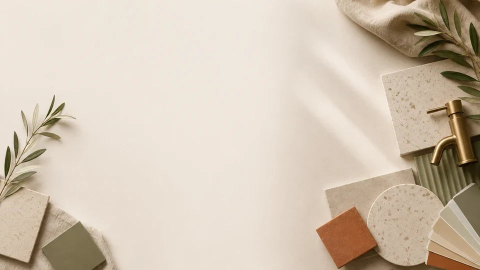 Tile, stone and colour samples with brass tapware in a neutral material palette