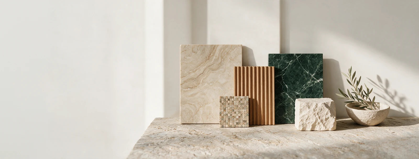 Natural stone, timber and tile material palette